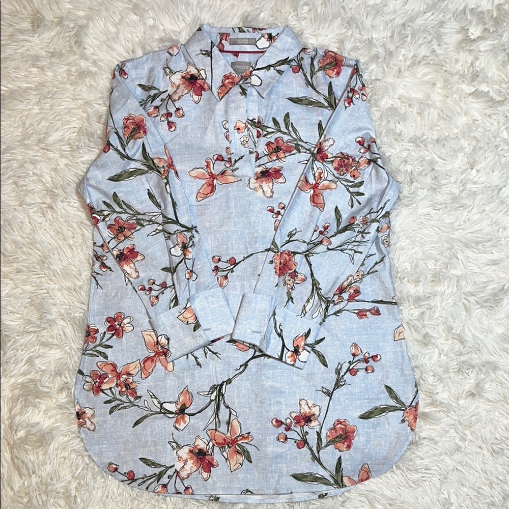 Chico's No Iron Blue Casual Button Down Shirt with Floral Design
